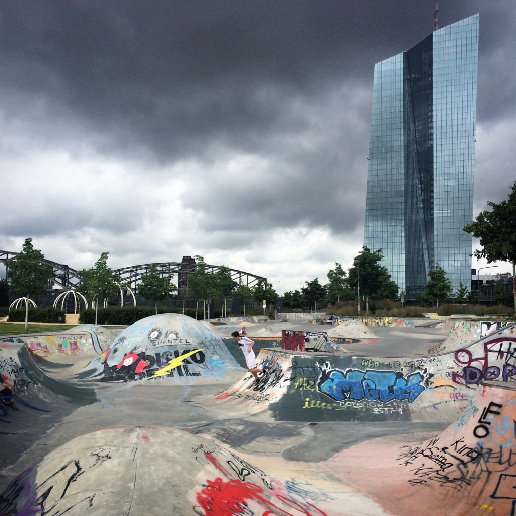 The day after Brexit. A lonely German in the middle of an empty skate park. Background: ECB.